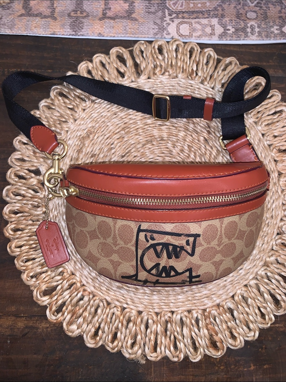Coach Rexy Tan Signature Canvas Belt Bag with Brown Leather Trim and Black Strap